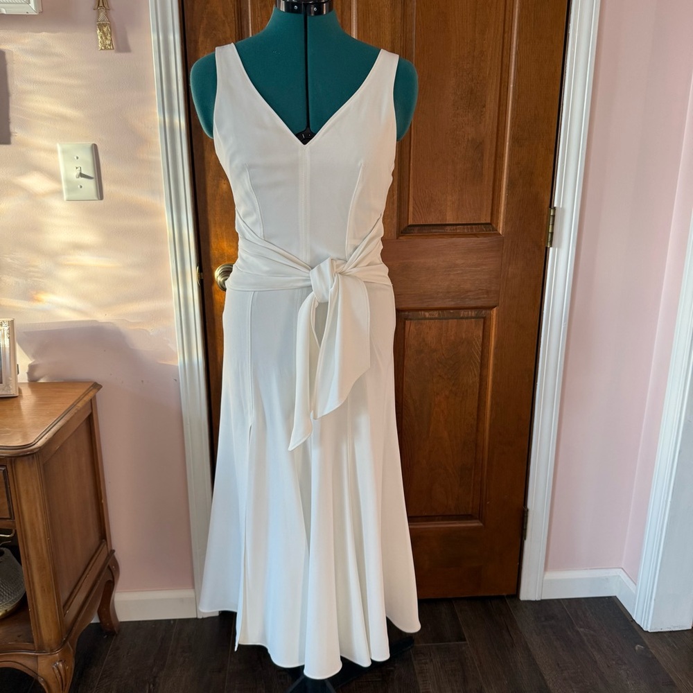 cinq a sept Cream V-Neck Midi Dress with Waist Tie